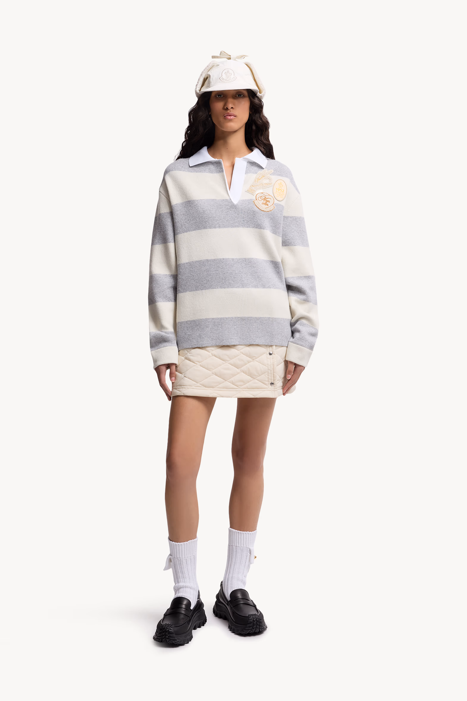 Striped Long Sleeve Wool Polo Shirt Women White & Grey Moncler 0